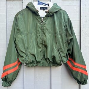 New Look Youth Olive Hooded Jacket with Orange Stripes and Fur Lining, Size L